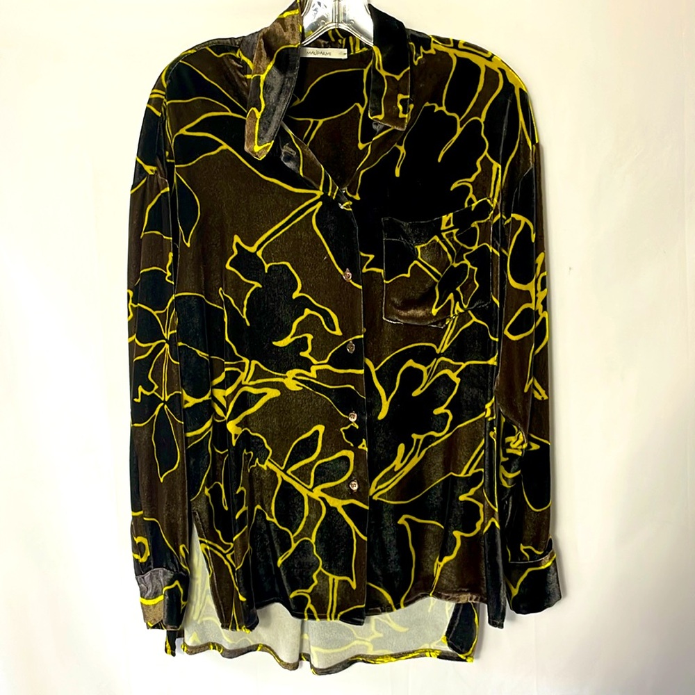 Velvet abstract print long sleeve button front blouse